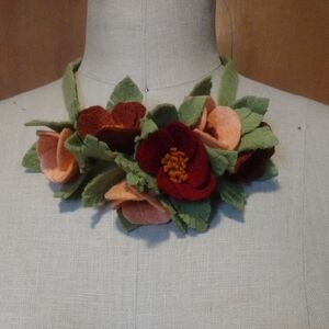 Handmade Felt Flower Statement Necklace in Green, Maroon & Peach